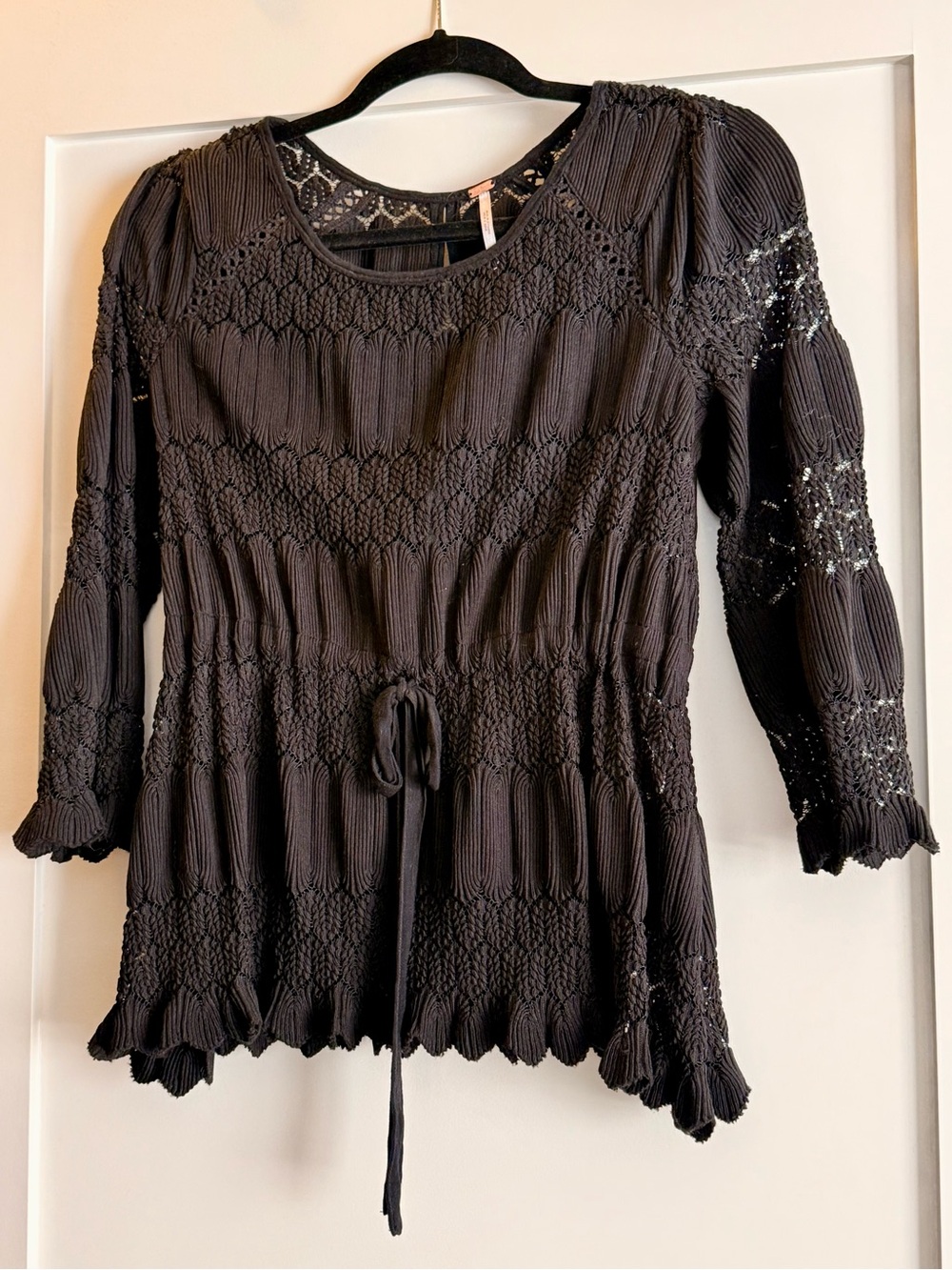 Free People- Black Smocked Peplum Top - Lightweight Crochet Detailing